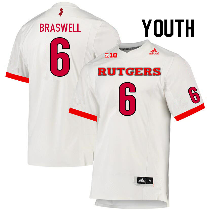 Youth #6 Christian Braswell Rutgers Scarlet Knights College Football Jerseys Sale-White - Click Image to Close
